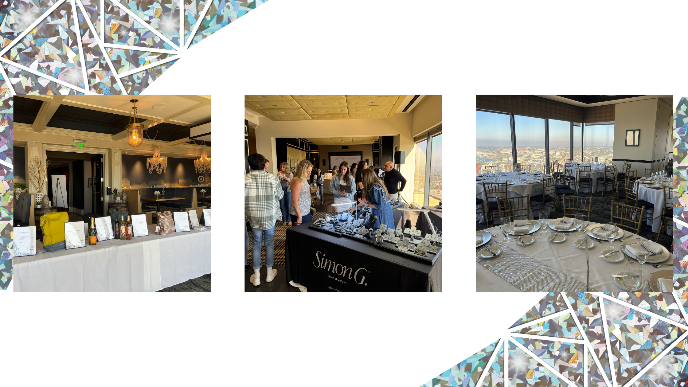 Scenes from Diamonds & Denim: silent auction table display, boutique jewelry shopping with Simon G., and an elegant luncheon setup overlooking downtown San Diego.