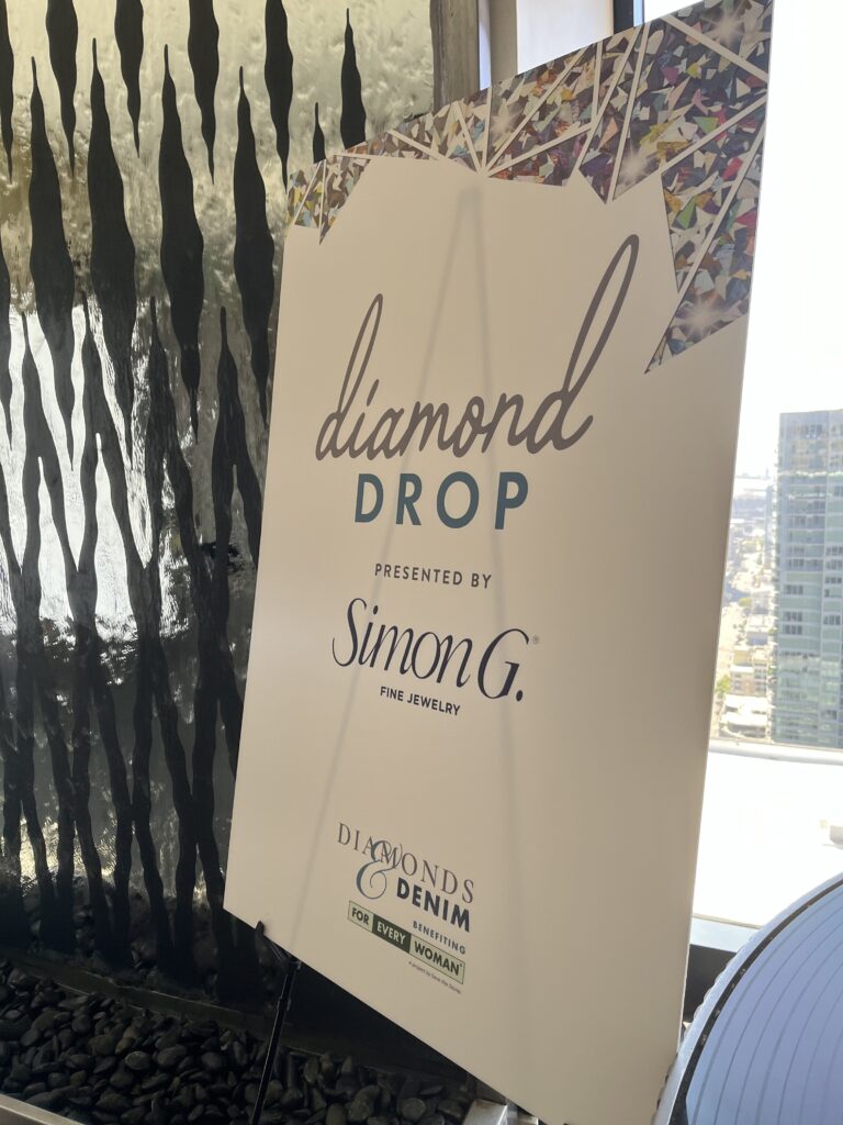 Diamond Drop sign presented by Simon G. Fine Jewelry at Diamonds & Denim 2025 San Diego fundraiser