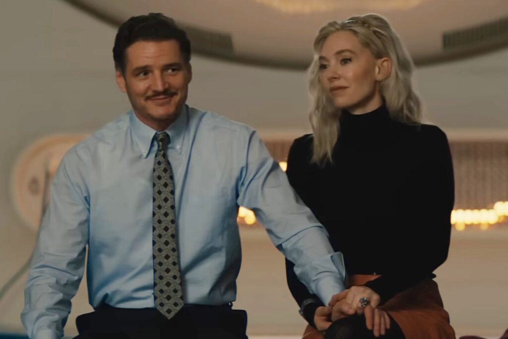 Pedro Pascal and Vanessa Kirby as Reed Richards and Sue Storm in The Fantastic Four: First Steps