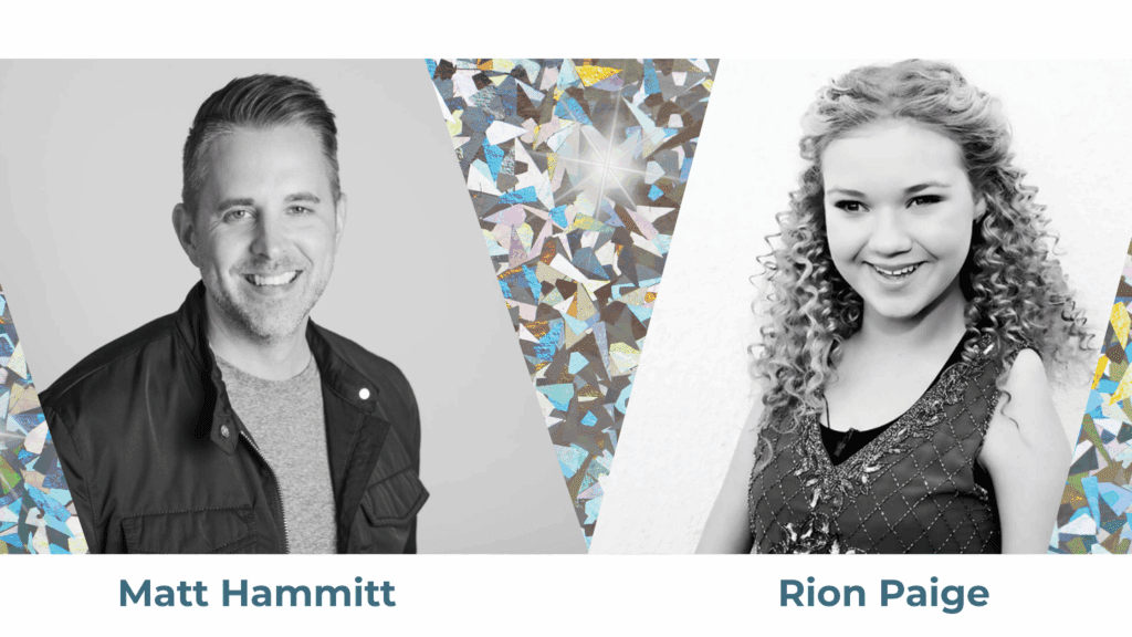 Black and white portraits of musicians Matt Hammitt and Rion Paige, featured performers for Diamonds & Denim 2025, with a colorful geometric diamond-themed design between them.
