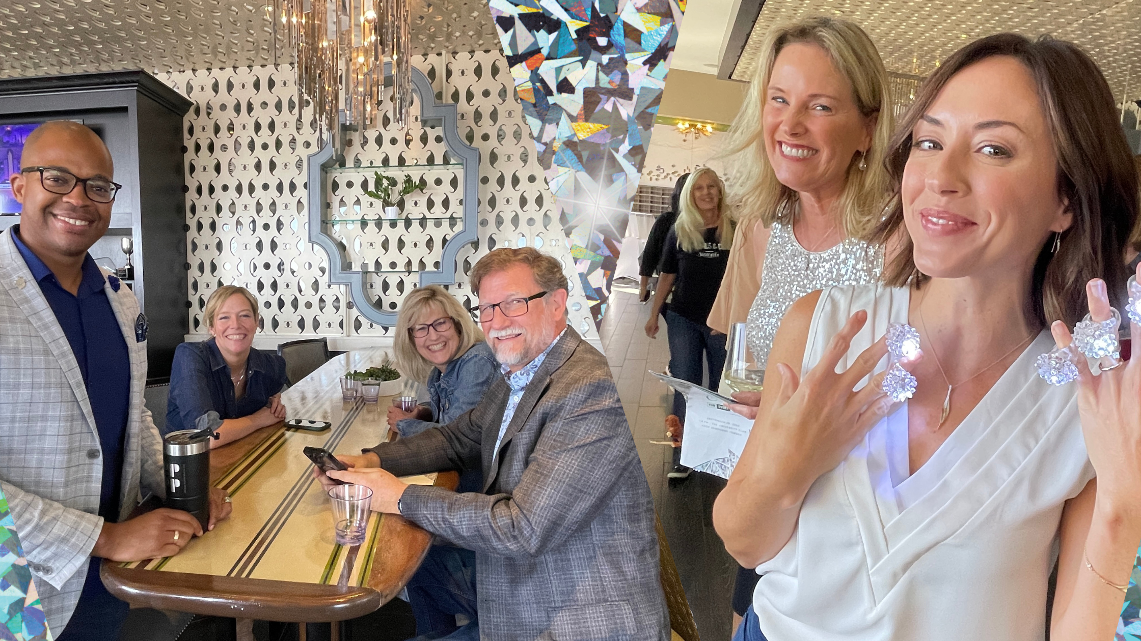 Guests at Diamonds & Denim 2025 enjoying conversation and drinks, with one attendee showcasing sparkling LED diamond rings.