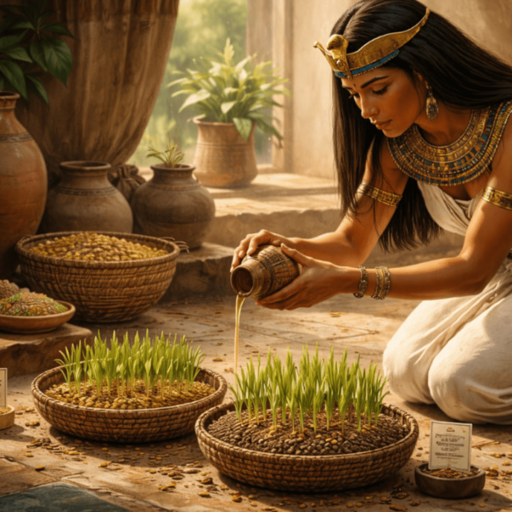 An ancient Egyptian method of testing whether or not you were pregnant by pouring urine on wheat and barley seeds. 