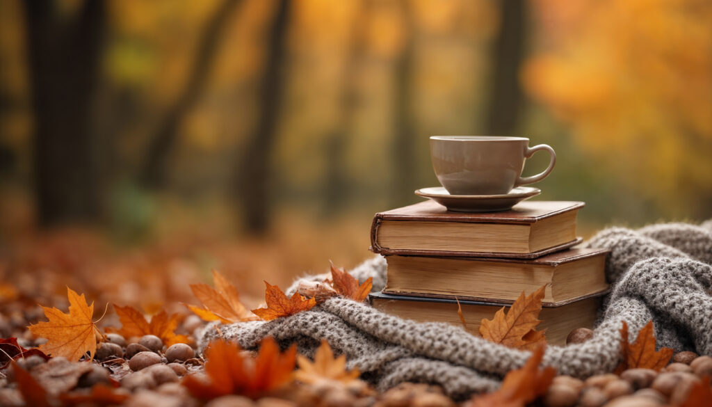 Cup of coffee resting on stacked books beside a cozy blanket and fallen autumn leaves.